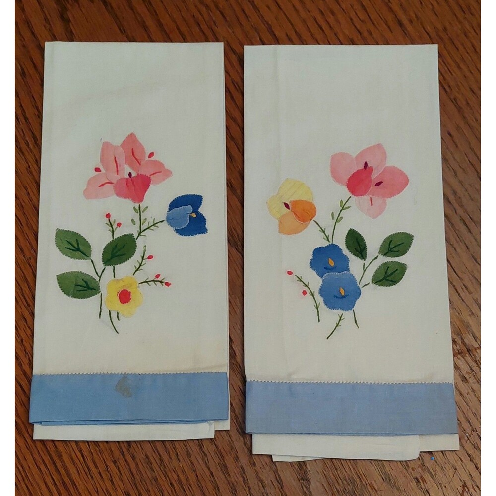 Hand Embroidered & Appliqued Floral Tea Towels with Periwinkle Edge Set of 2